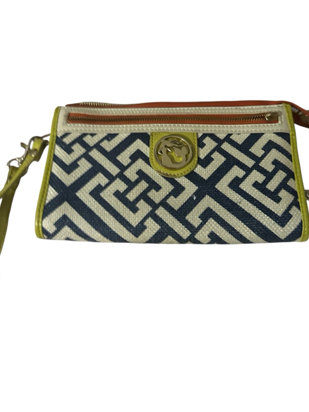 Spartina 449 Navy, Cream & Lime Wristlet Clutch with Coral Zip Accent one call o